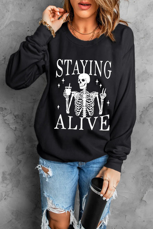 Skull Graphic Round Neck Long Sleeve Sweatshirt