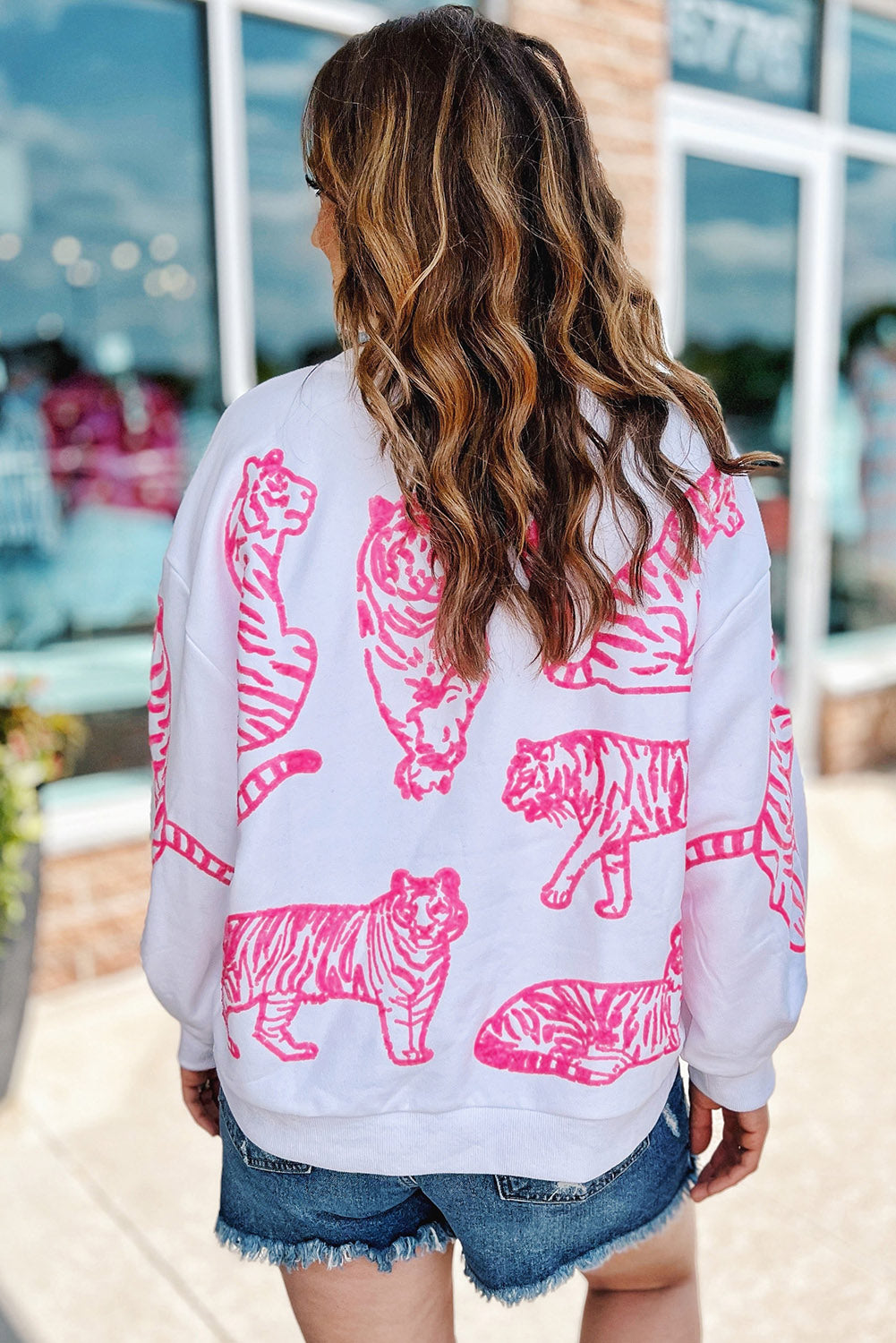 White Round Neck Pink Tigers Pullover Sweatshirt