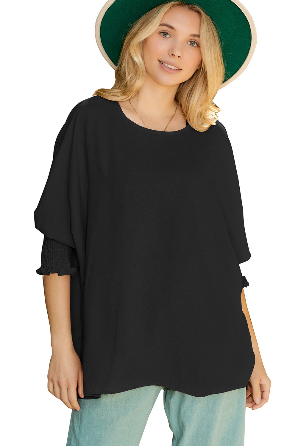 Green Casual Shirred Cuffs Half Sleeve Top