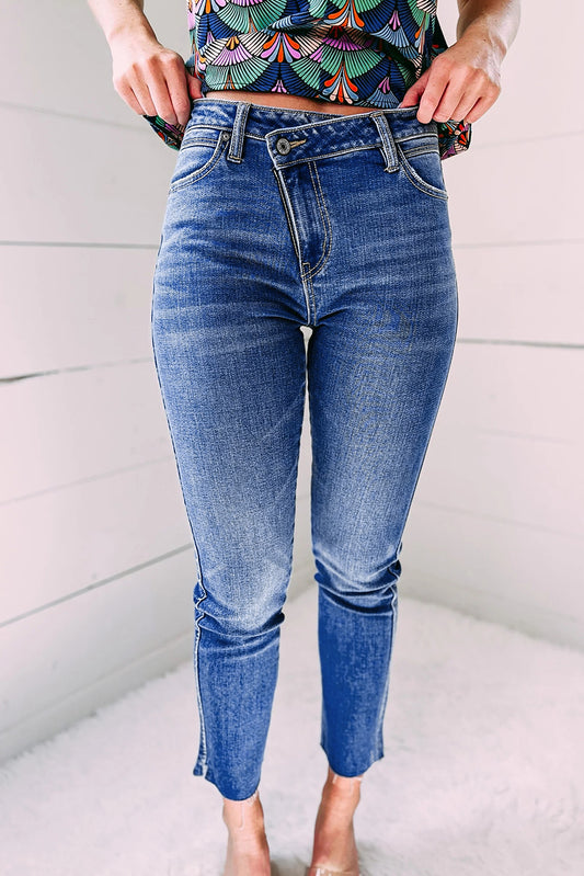 Sky Blue Asymmetrical Skew Button Zip Fly Skinny Jeans