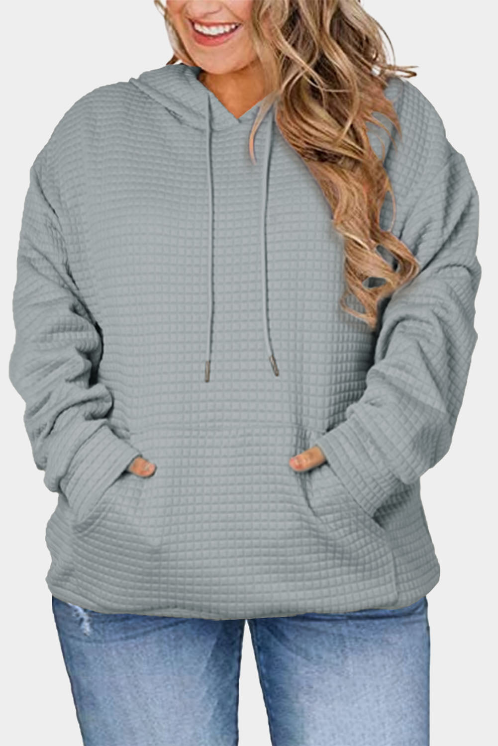 Gray Plain Kangaroo Pockets Quilted Plus Size Hoodie