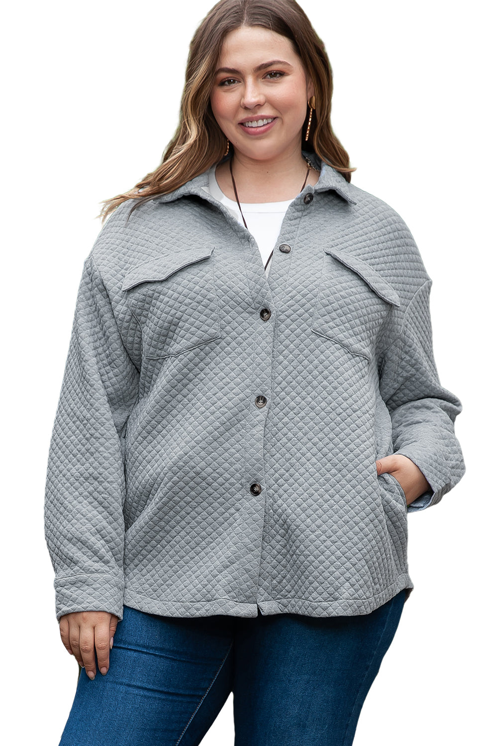 Gray Plus Size Pocketed Quilted Shacket