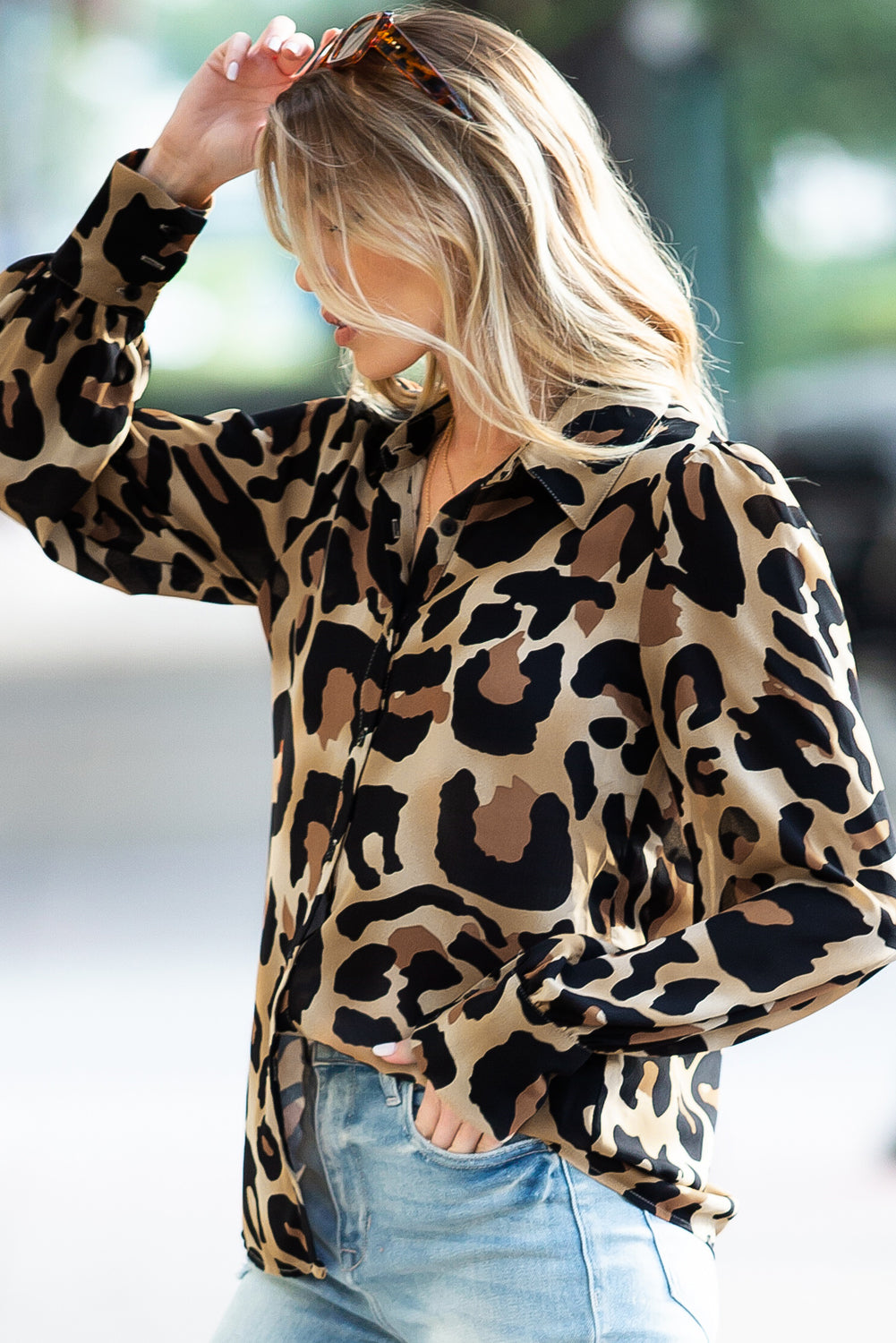 Leopard Bishop Sleeve Button Up Turn Down Collar Shirt