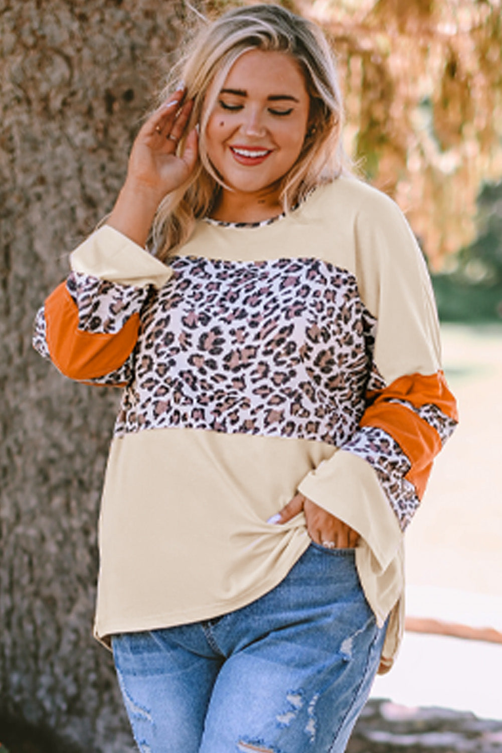 Apricot Leopard Print Color Block Patchwork Plus Size Top