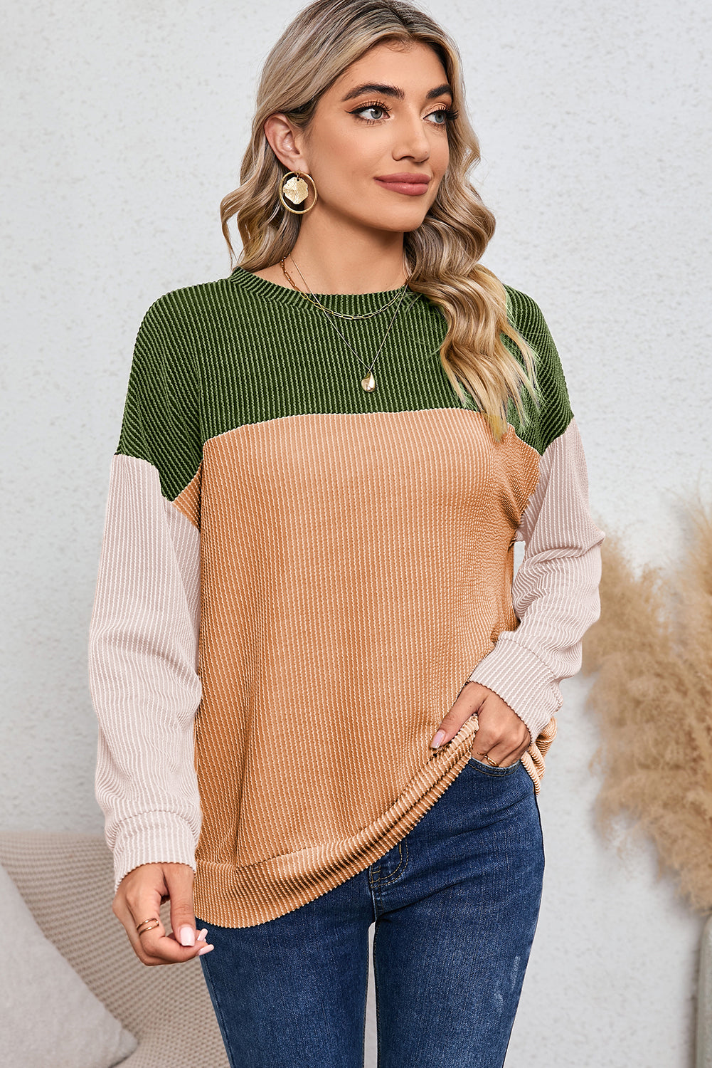 Black Color Block Corduroy Long Sleeve Top