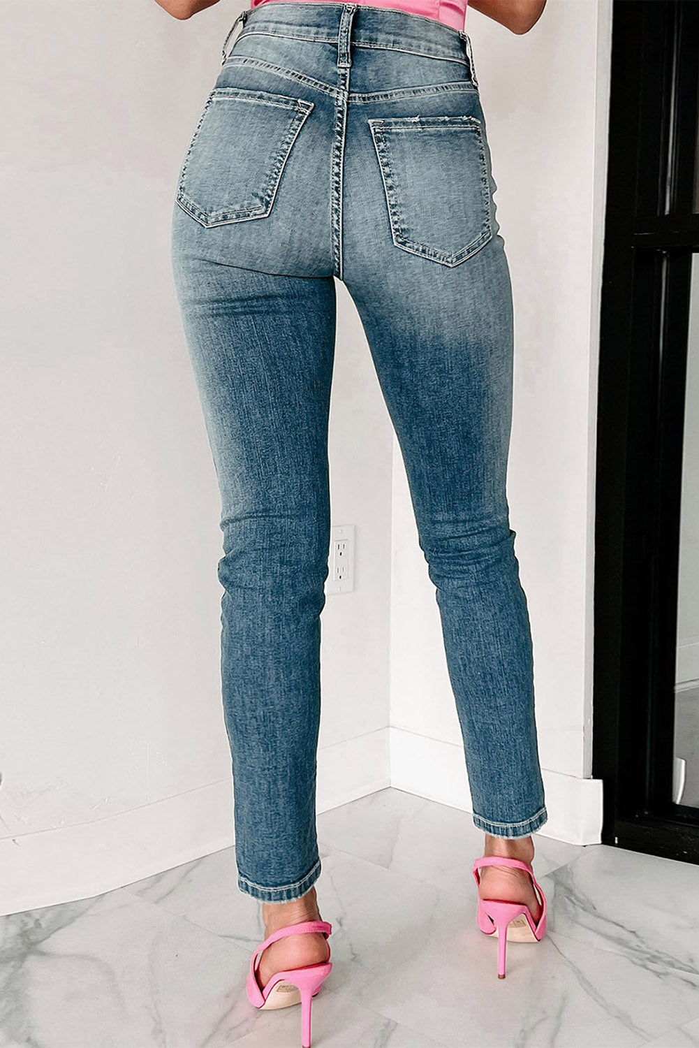 Dark Blue Peak Distressed High Waist Skinny Jeans