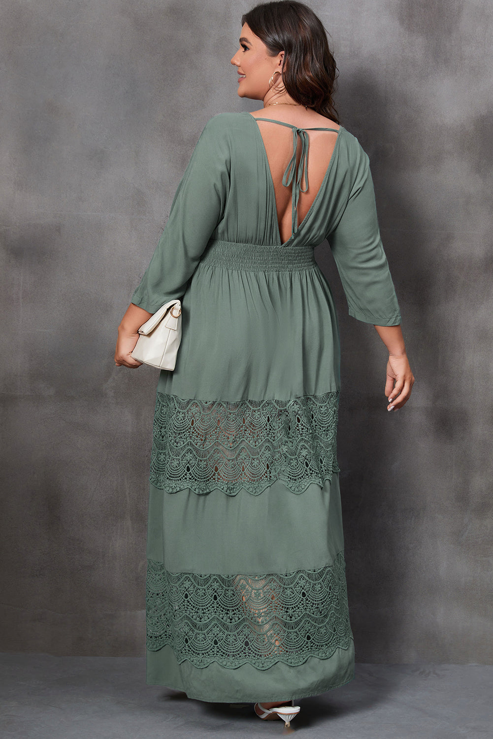 Mist Green Plus Size 3/4 Sleeve Smocked Lace Decor Maxi Dress