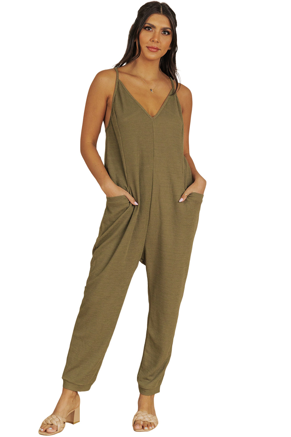 Gray Casual Textured Sleeveless V-Neck Pocketed Jumpsuit