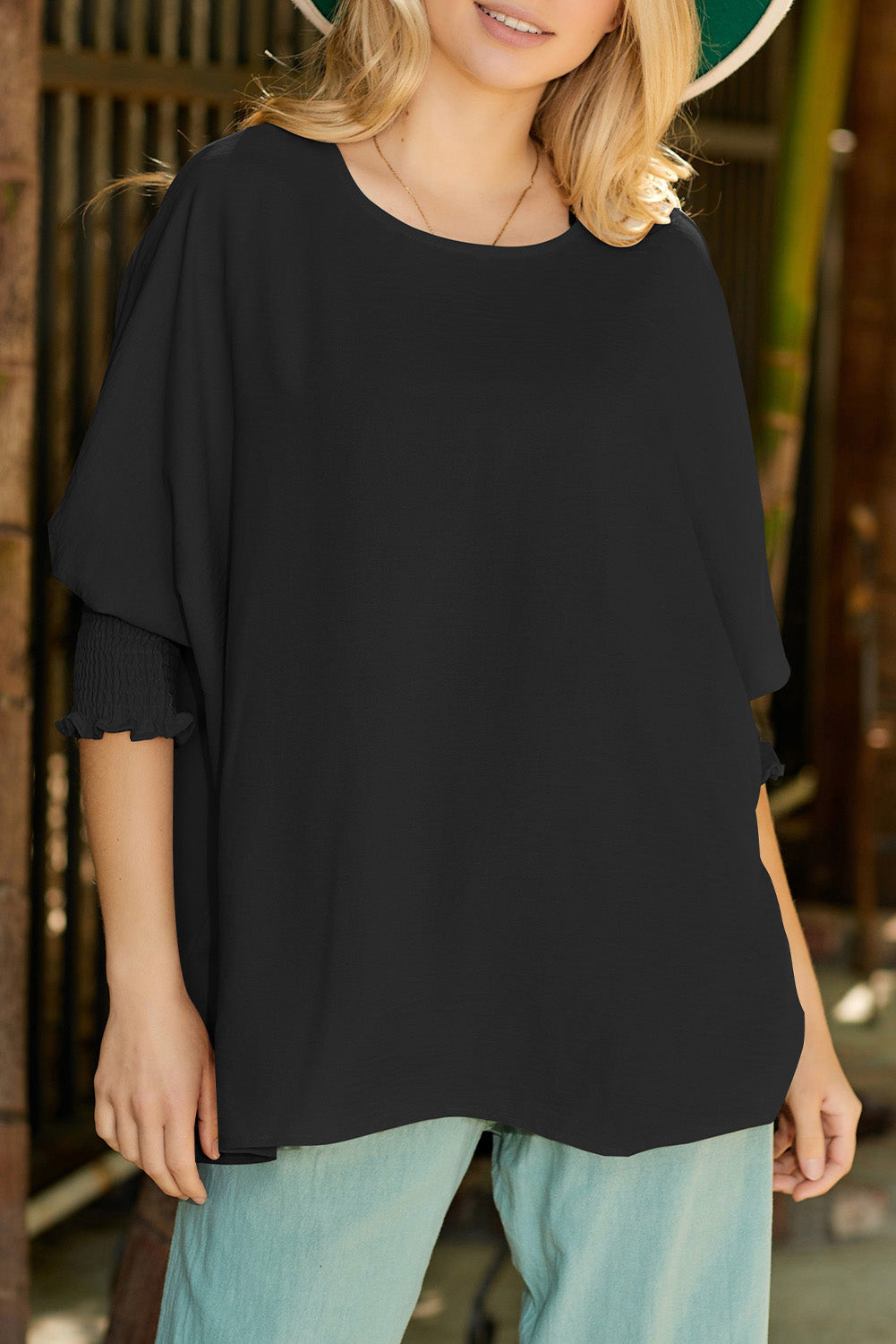 Green Casual Shirred Cuffs Half Sleeve Top