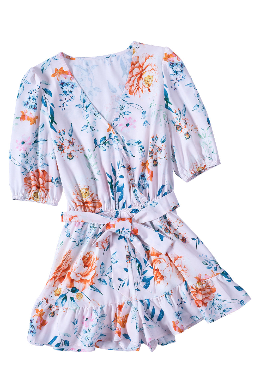 White Floral Print Puff Sleeves Belted Romper