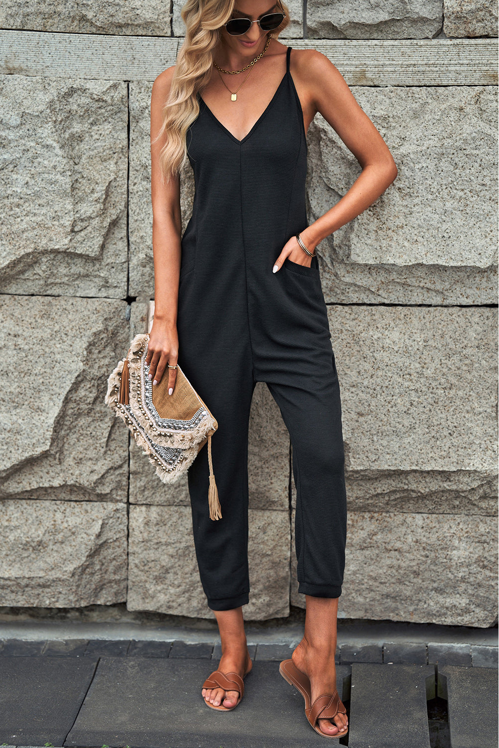 Gray Casual Textured Sleeveless V-Neck Pocketed Jumpsuit