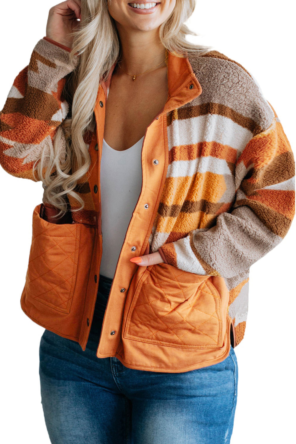 Chestnut Plus Size Quilted Patch Pockets Furry Jacket