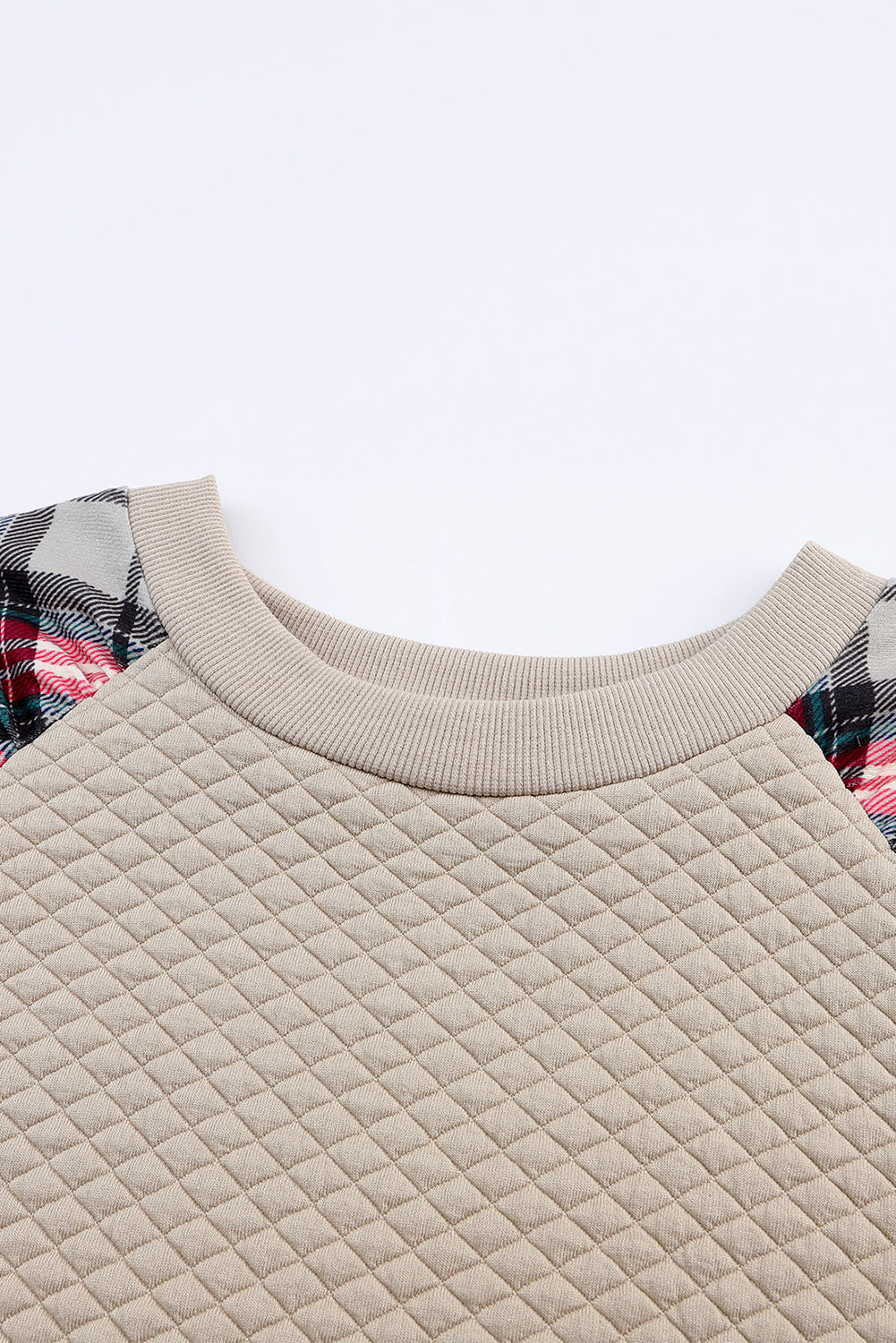 Brown Plaid Print Waffle Quilted Raglan Sleeve Sweatshirt