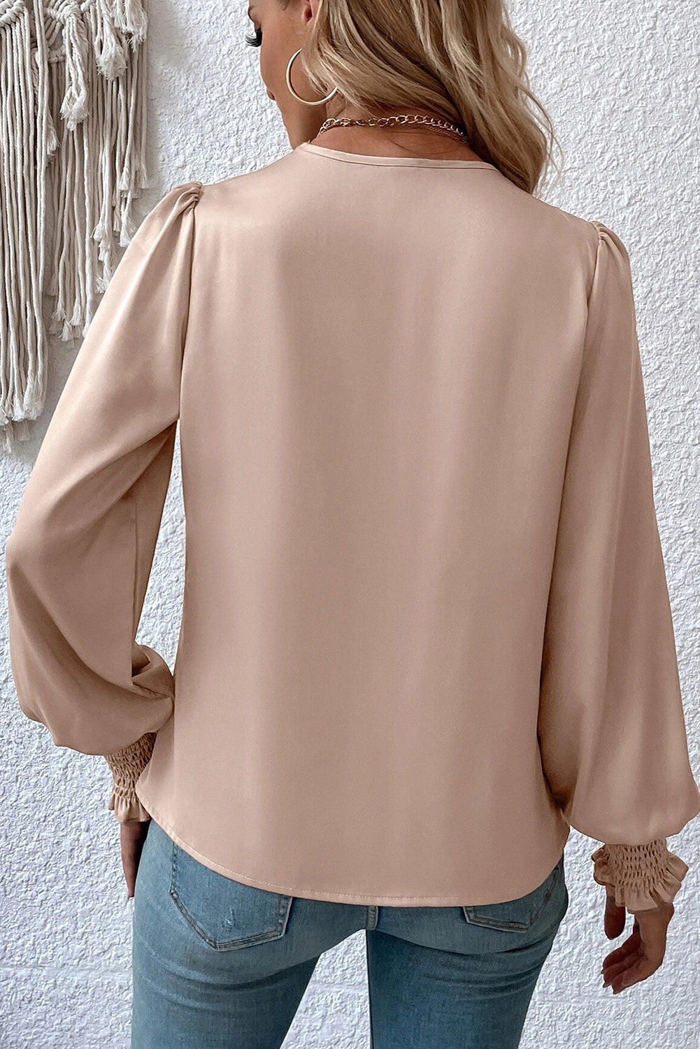 Apricot Draped Long Sleeve Wrap Dressy Blouse