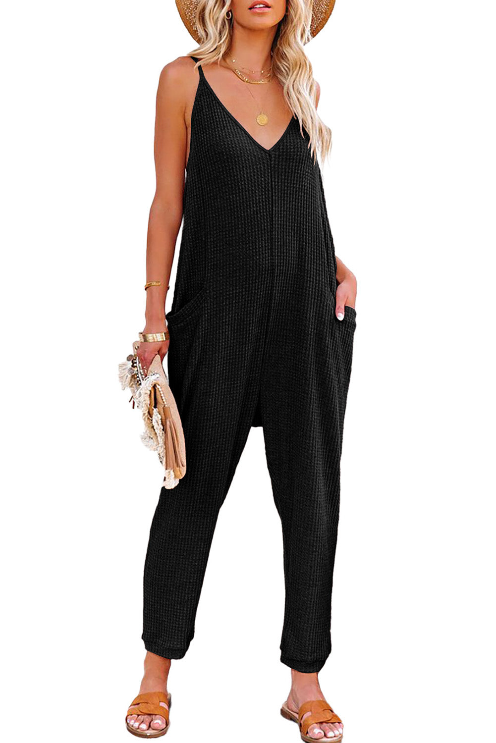 Gray Casual Textured Sleeveless V-Neck Pocketed Jumpsuit