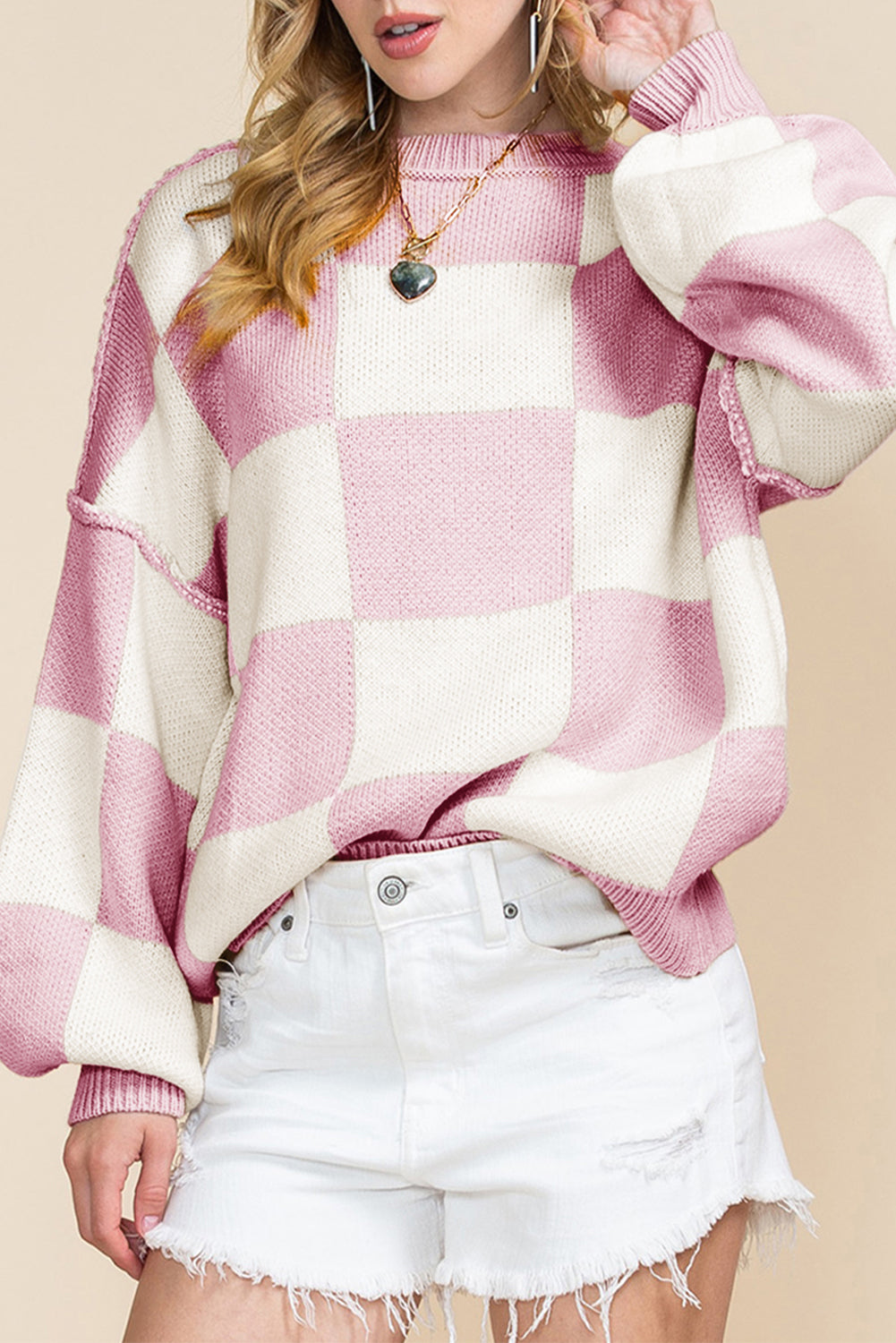 Pink Checked Bishop Sleeve Pullover Sweater