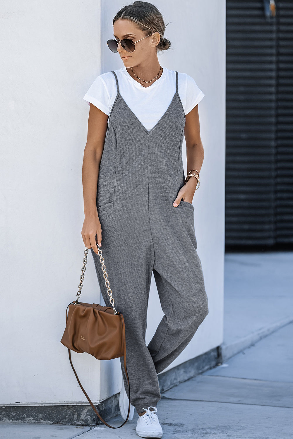 Gray Casual Textured Sleeveless V-Neck Pocketed Jumpsuit