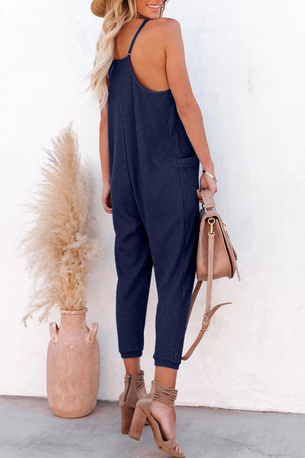 Gray Casual Textured Sleeveless V-Neck Pocketed Jumpsuit