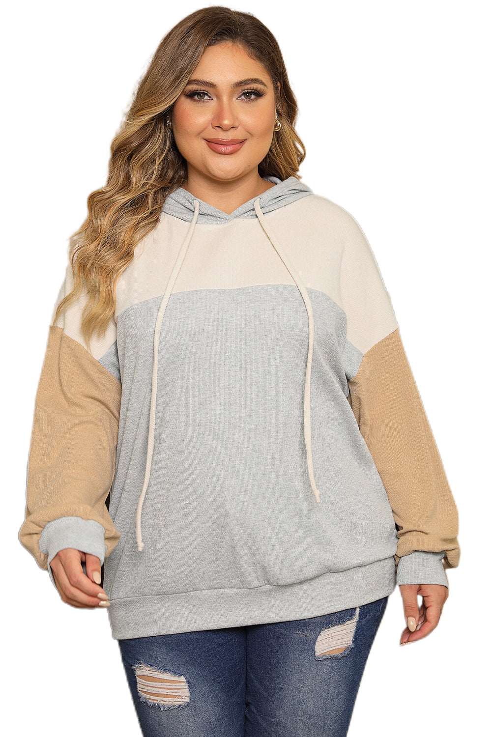 Multicolour Plus Size Colorblock Drop Shoulder Ribbed Hoodie