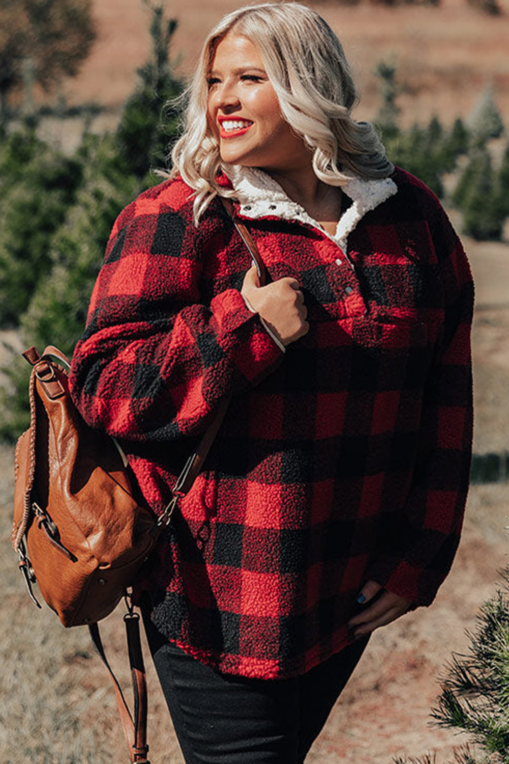 Red Plus Size Buffalo Plaid Sherpa Henley Sweatshirt