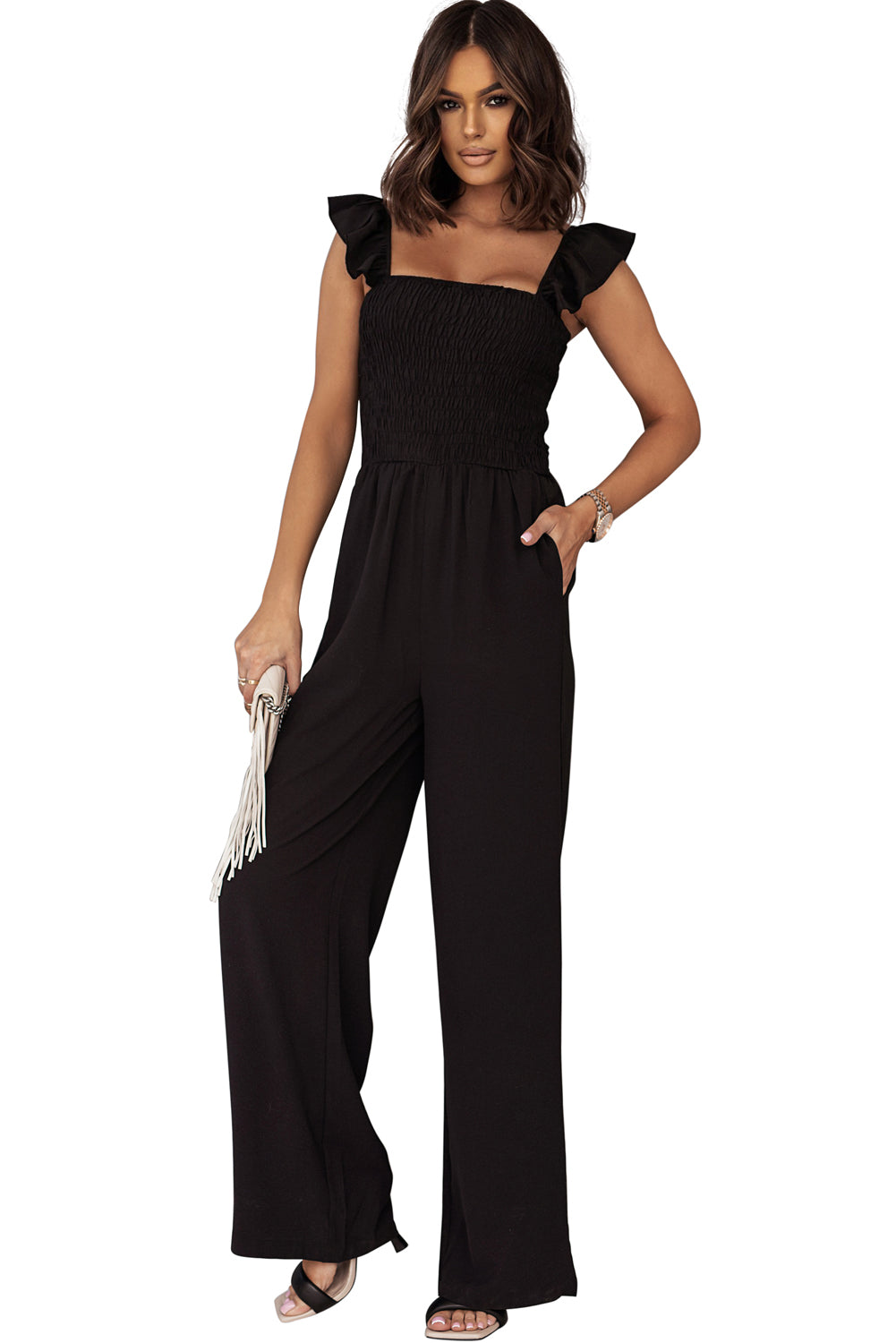 Apricot Smocked Ruffle Strap Pocket Wide Leg Jumpsuit