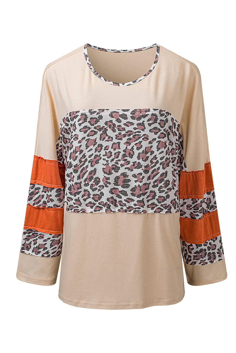 Apricot Leopard Print Color Block Patchwork Plus Size Top