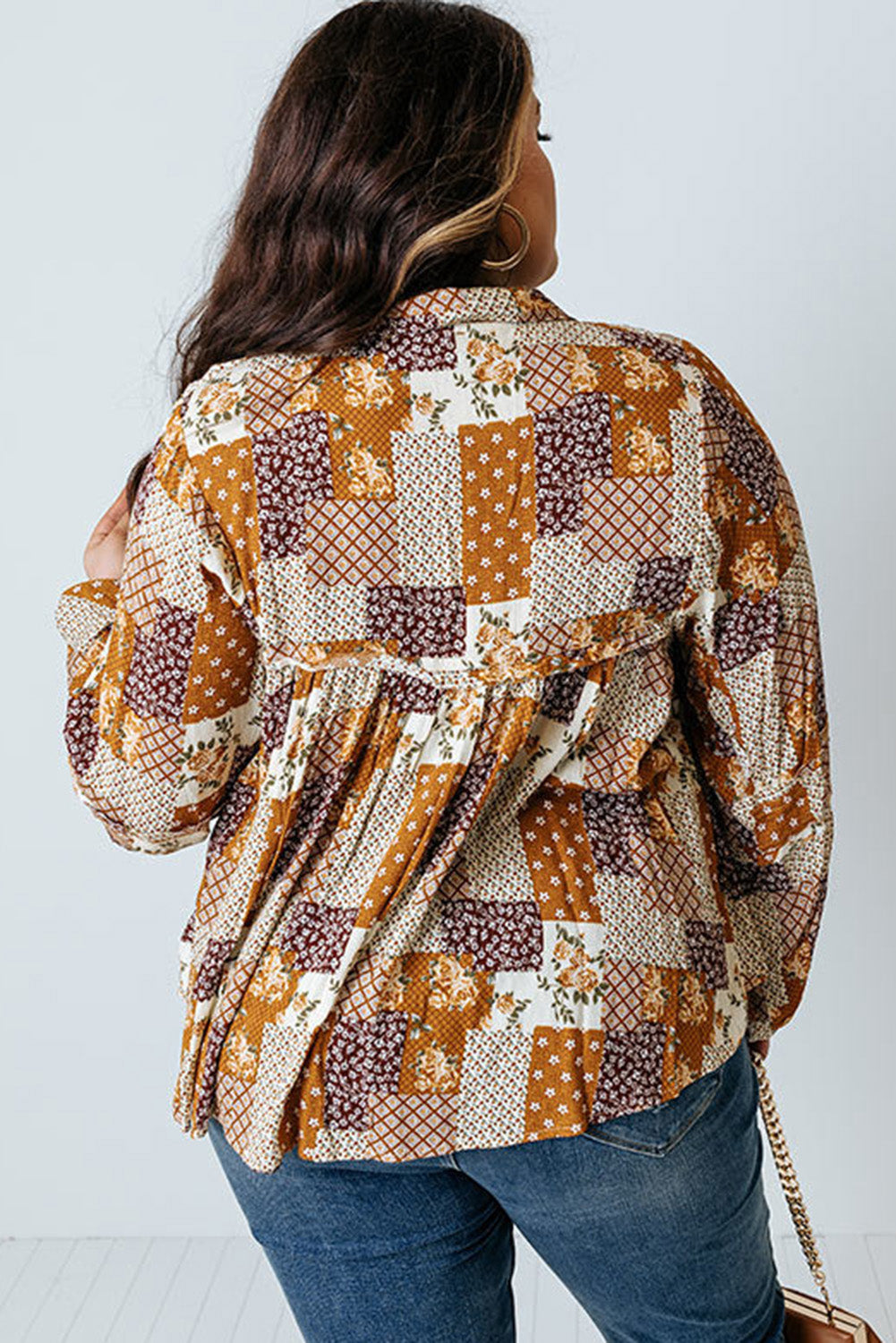 Apricot Mixed Print Turn-down Neck Plus Size Shirt