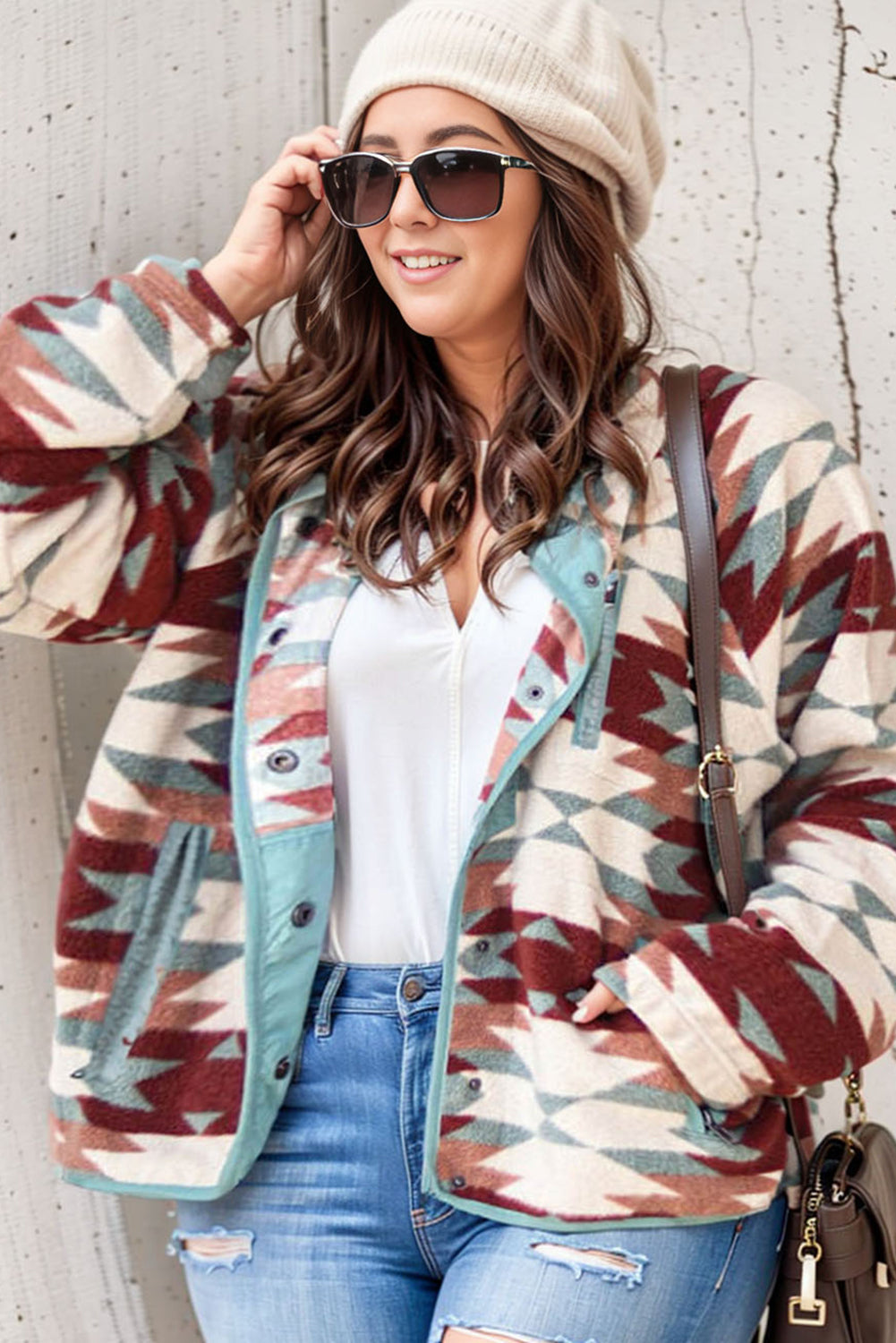 Red Geometric Pattern Plus Size Fleece Jacket