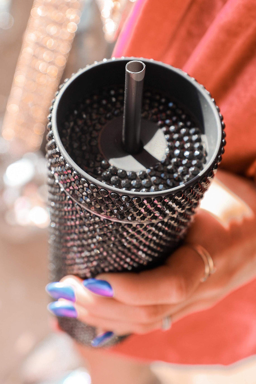 Black 16oz Full Rhinestone Straw Tumbler Cup