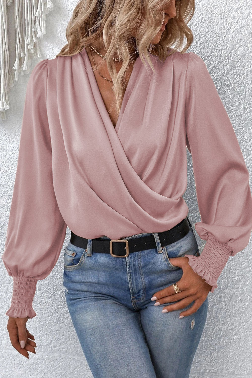 Black Basic Drape V Neck Long Sleeve Blouse for Women