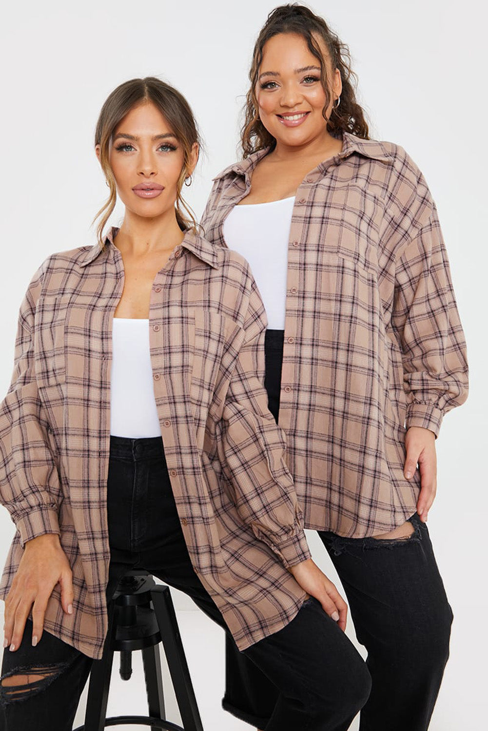 Pink Plus Size Plaid Print Buttoned Oversized Tunic Shirt