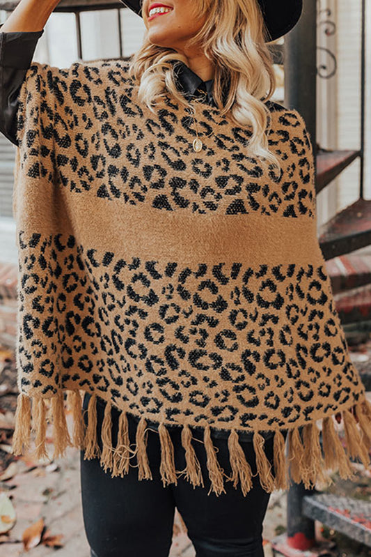 Leopard Plus Size Tasseled Hem Draped Poncho