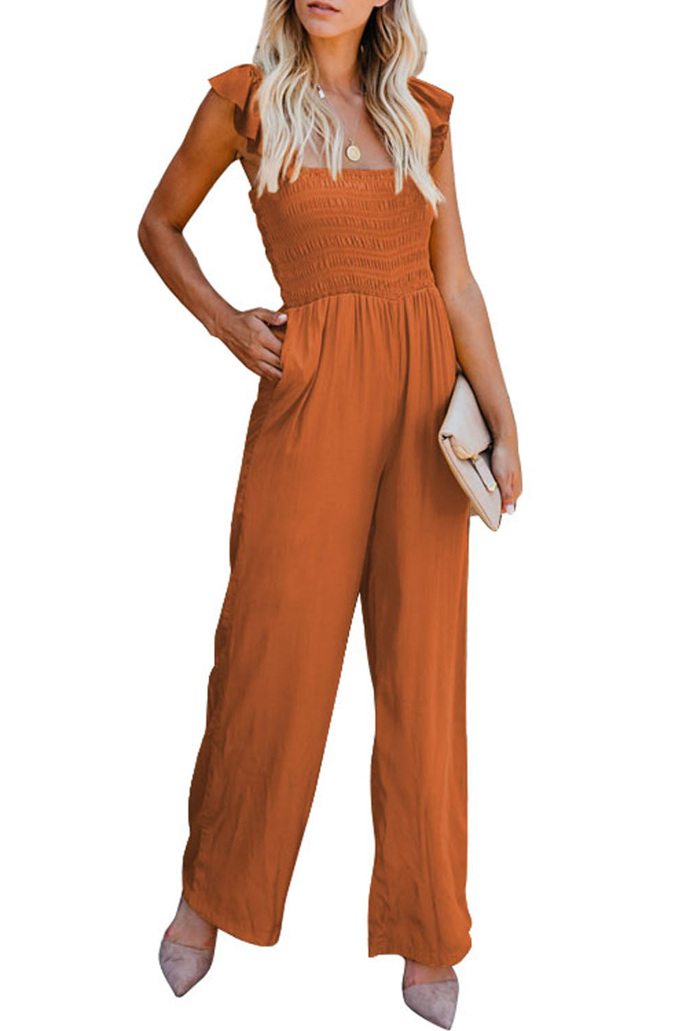 Apricot Smocked Ruffle Strap Pocket Wide Leg Jumpsuit