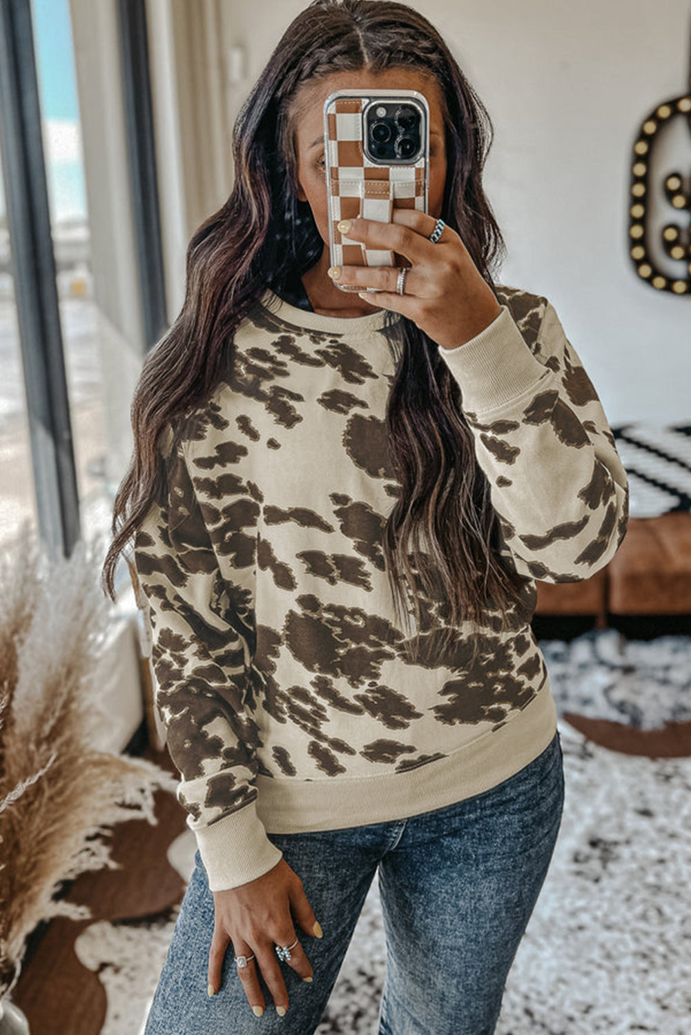 Bright White Plus Size Crew Neck Animal Print Pullover Sweatshirt