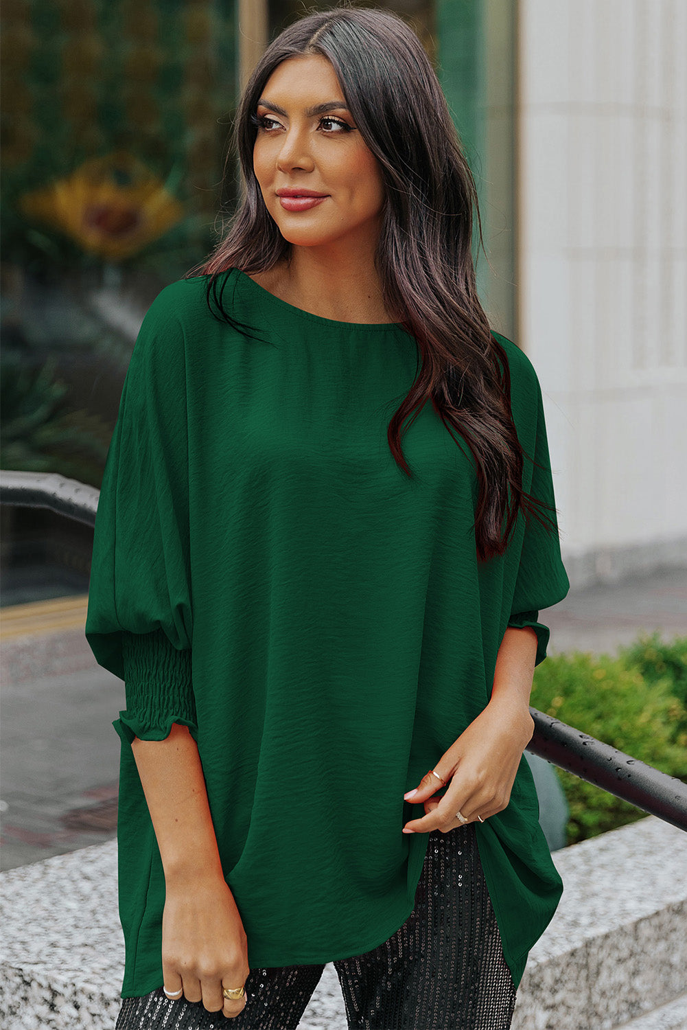 Green Casual Shirred Cuffs Half Sleeve Top