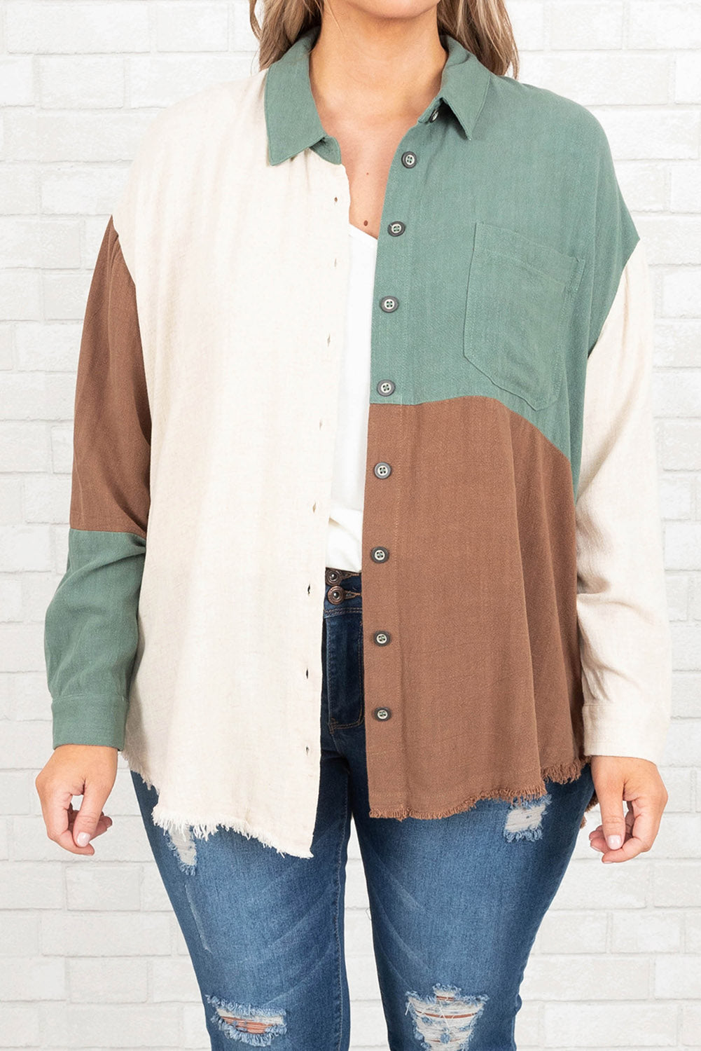 Green Colorblock Button-Up Long Sleeve Plus Size Shirt