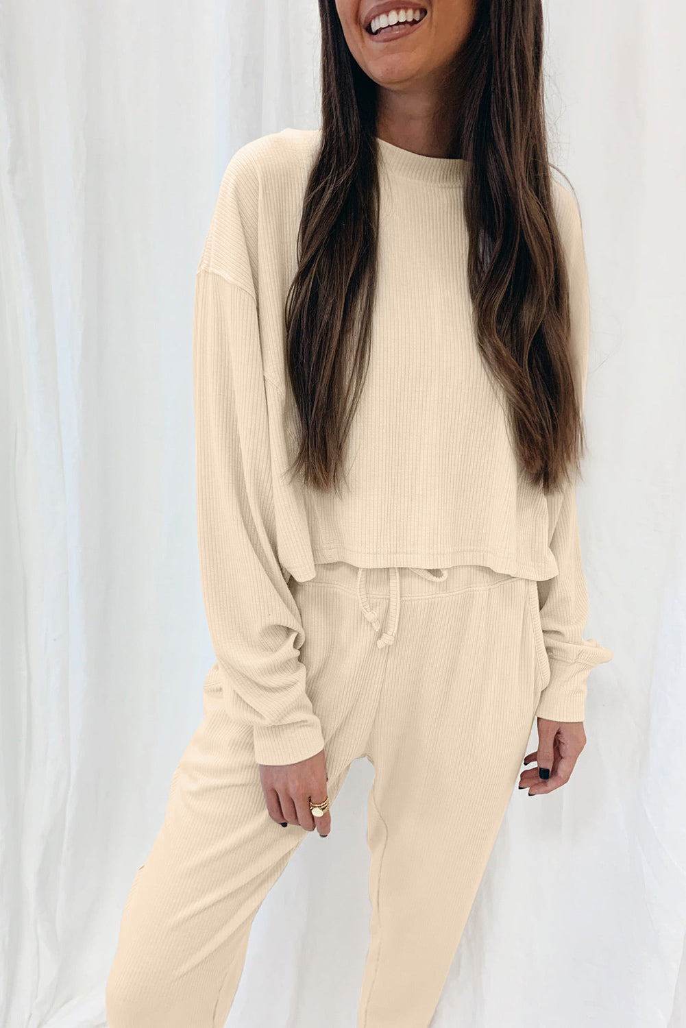 Apricot Ribbed Long Sleeve Top and Drawstring Pants Two Piece Set