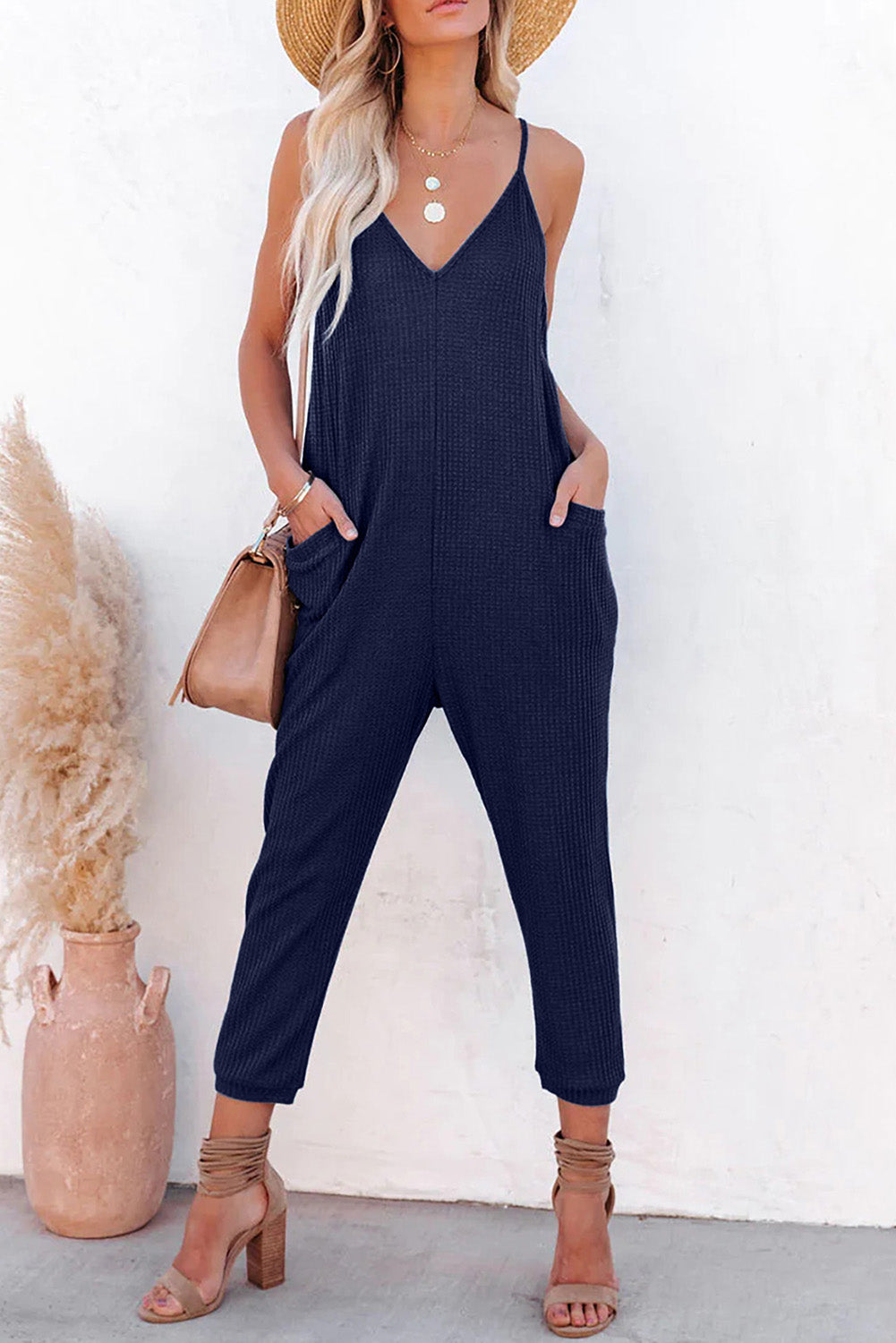 Gray Casual Textured Sleeveless V-Neck Pocketed Jumpsuit