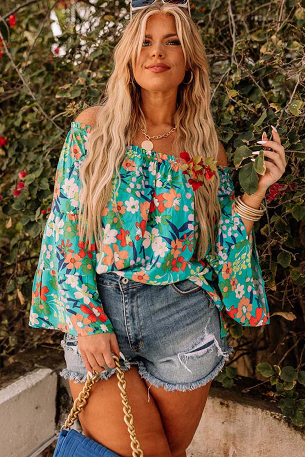 Green Floral Print Frilled Off Shoulder Plus Size Blouse