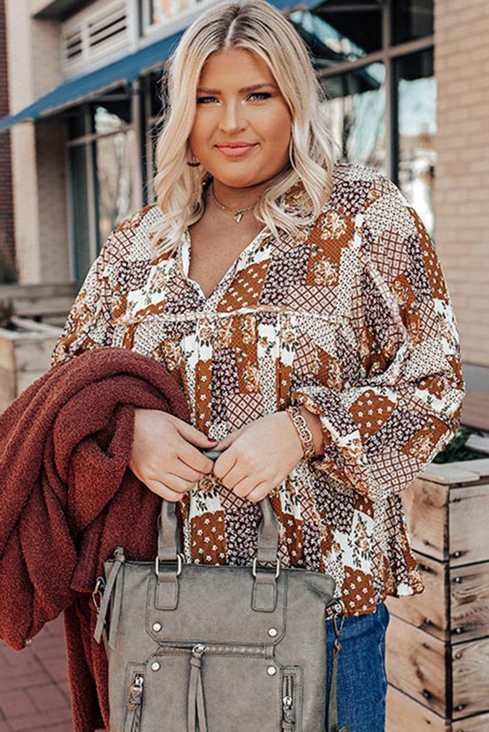 Apricot Mixed Print Turn-down Neck Plus Size Shirt