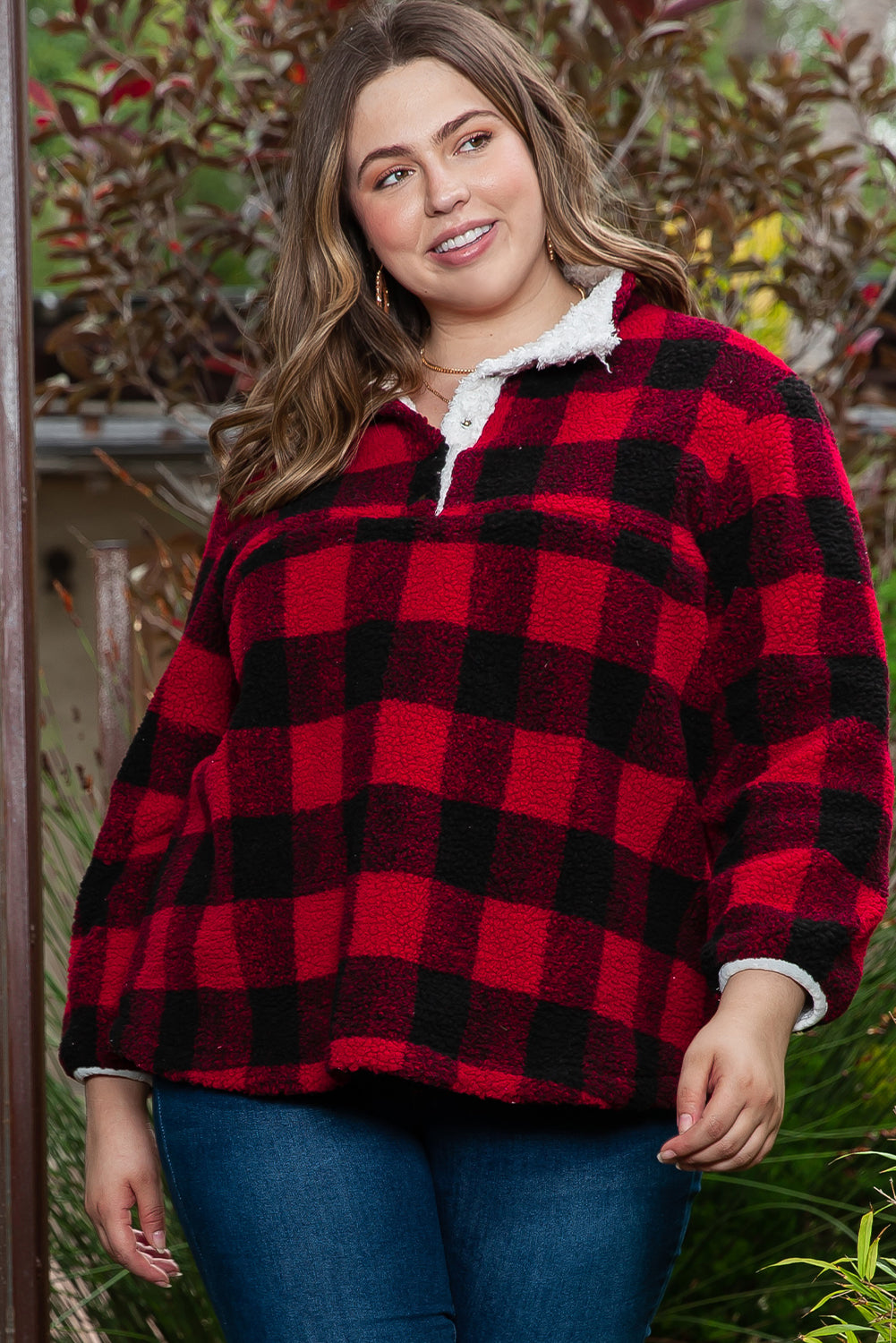 Red Plus Size Buffalo Plaid Sherpa Henley Sweatshirt