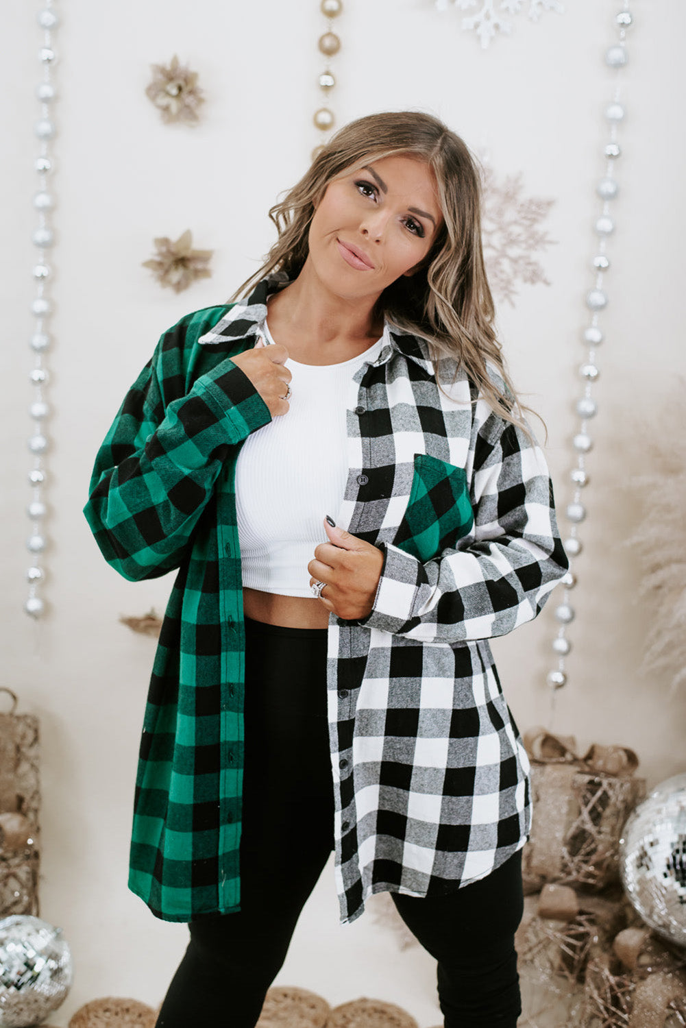 Verdant Plaid Color Block Buttoned Plus Size Shacket