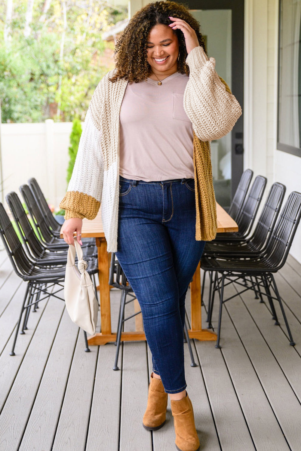 White Color Block Knitted Open Front Plus Size Cardigan