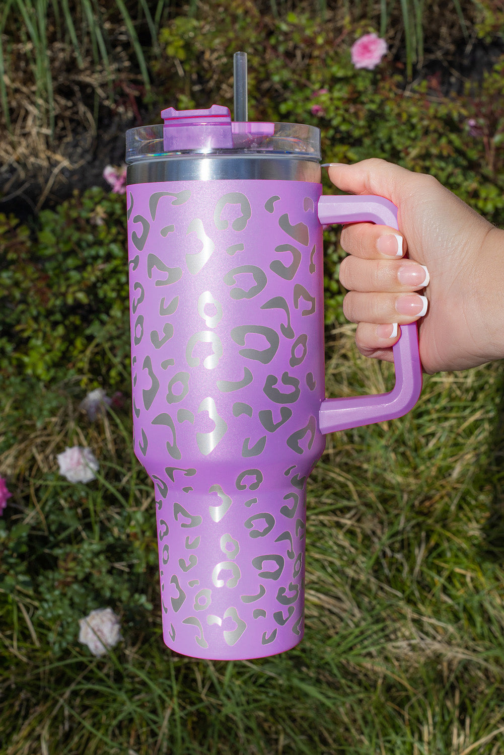 Pink 304 Leopard Spotted Stainless Double Insulated Tumbler Mug With Handle