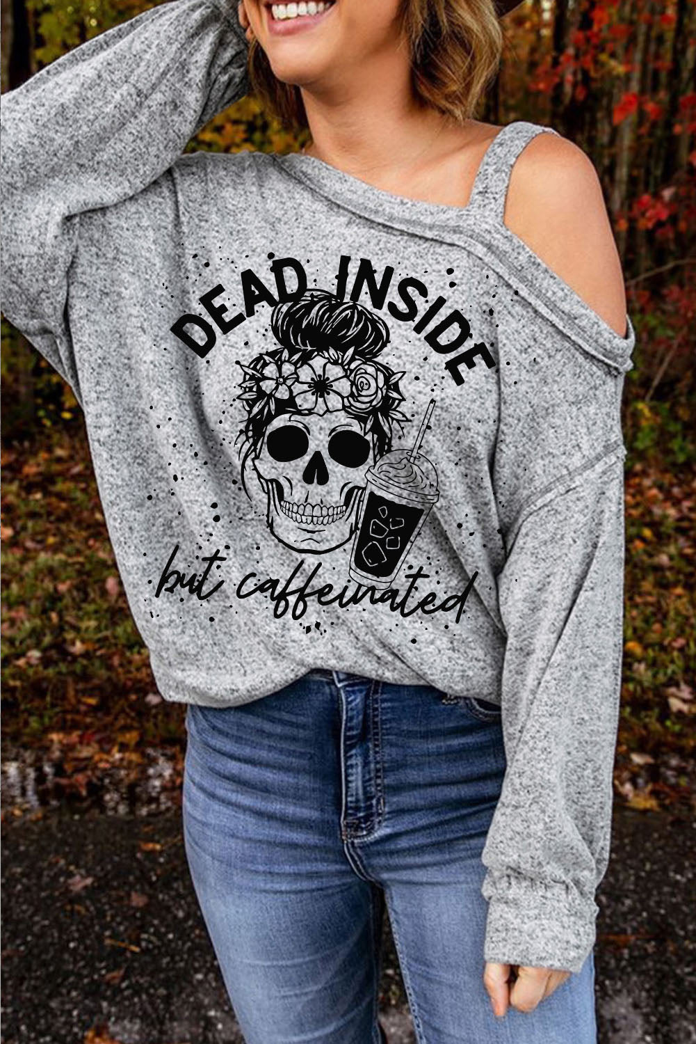 Grey Casual Letter Skull Long Sleeve Graphic Tee