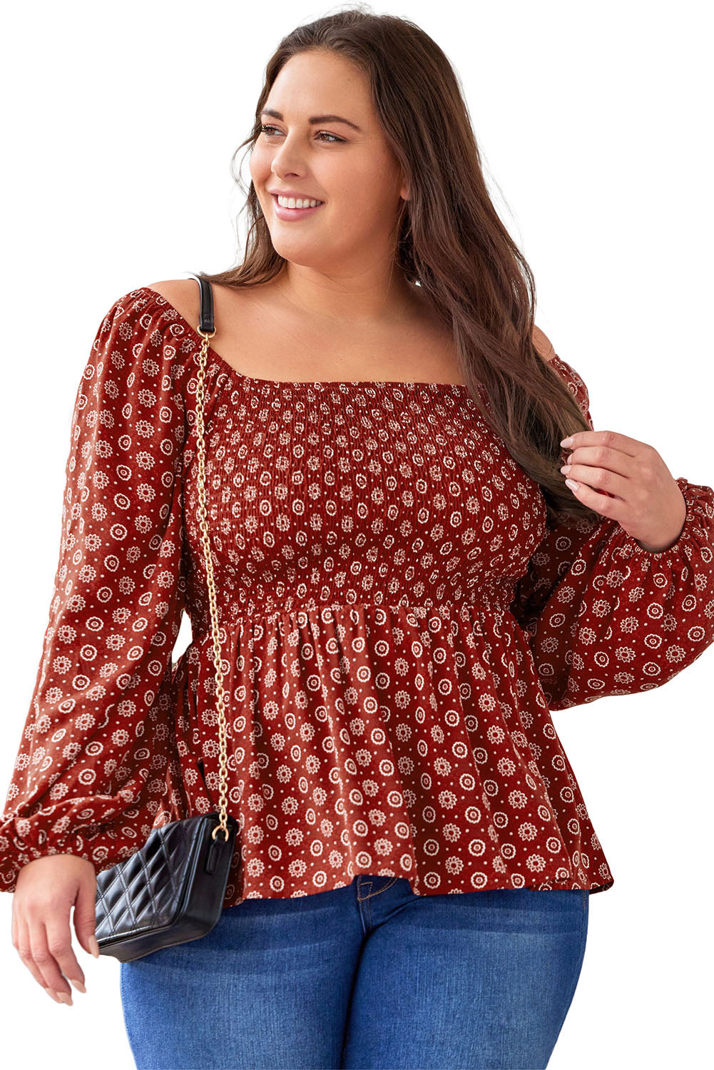 Red Plus Size Shirred Square Neck Printed Peplum Top