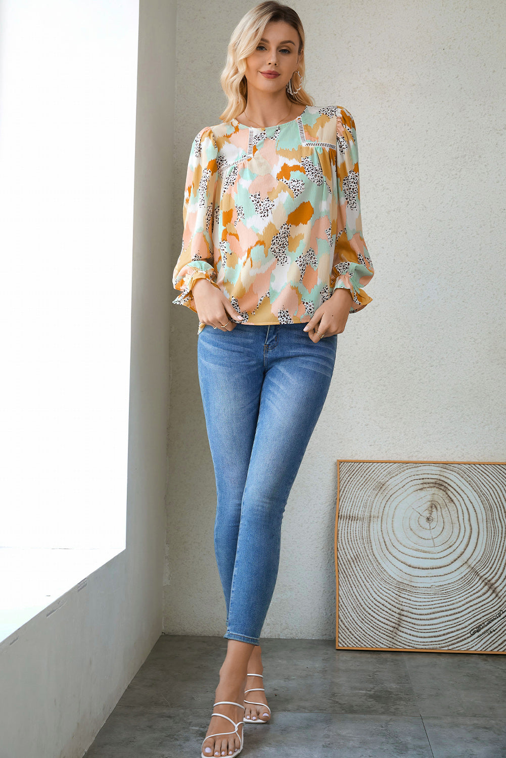 Multicolor Abstract Print Boho Ruffle Long Sleeve Blouse