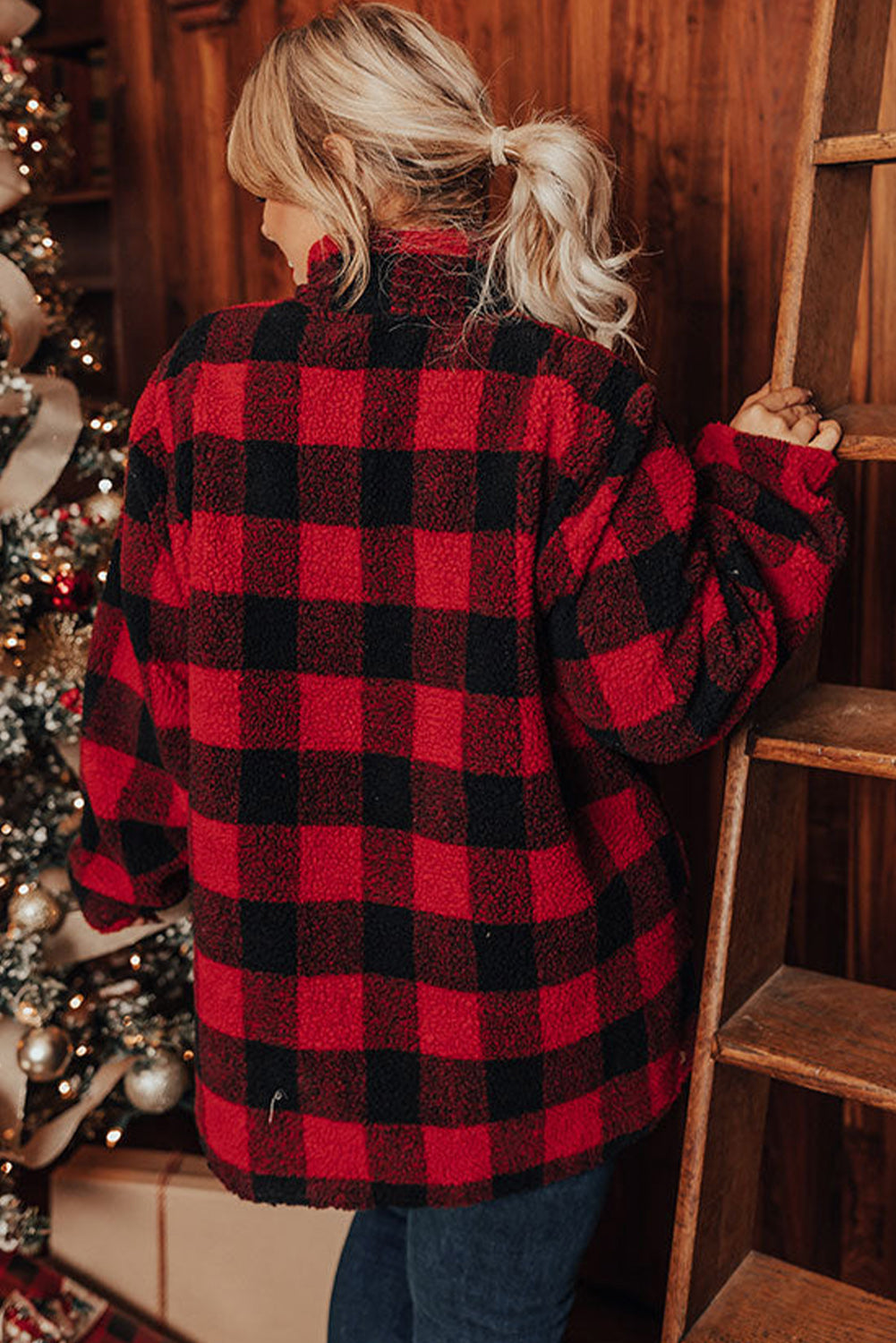 Red Plus Size Buffalo Plaid Sherpa Henley Sweatshirt