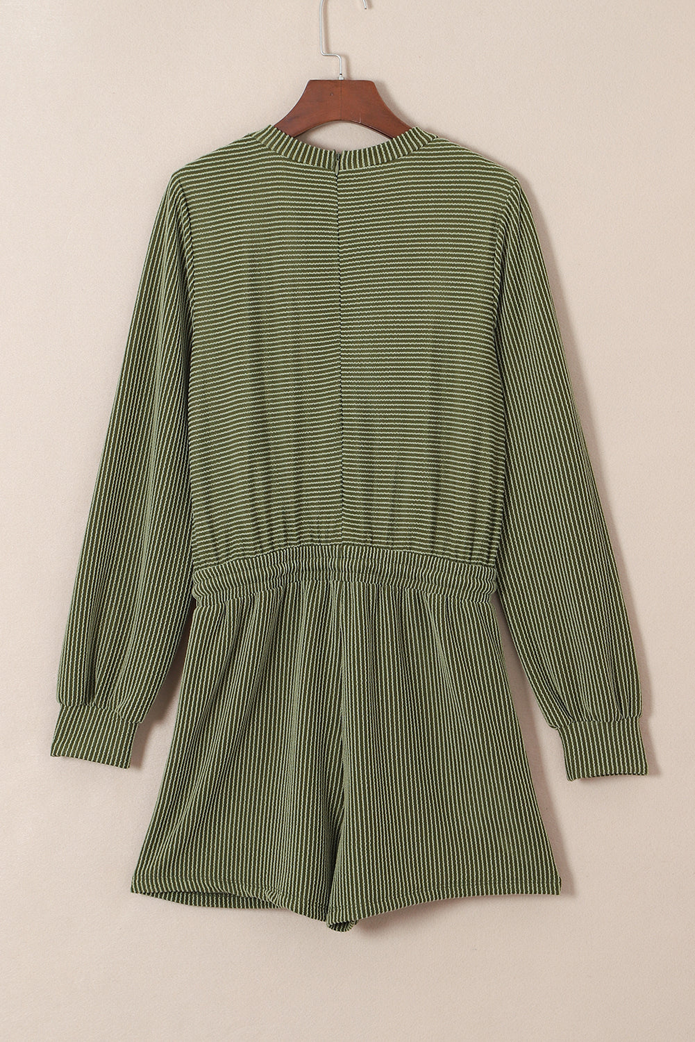 Pickle Green Corded Long Sleeve Pockets Drawstring Romper