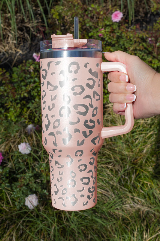 Pink 304 Leopard Spotted Stainless Double Insulated Tumbler Mug With Handle